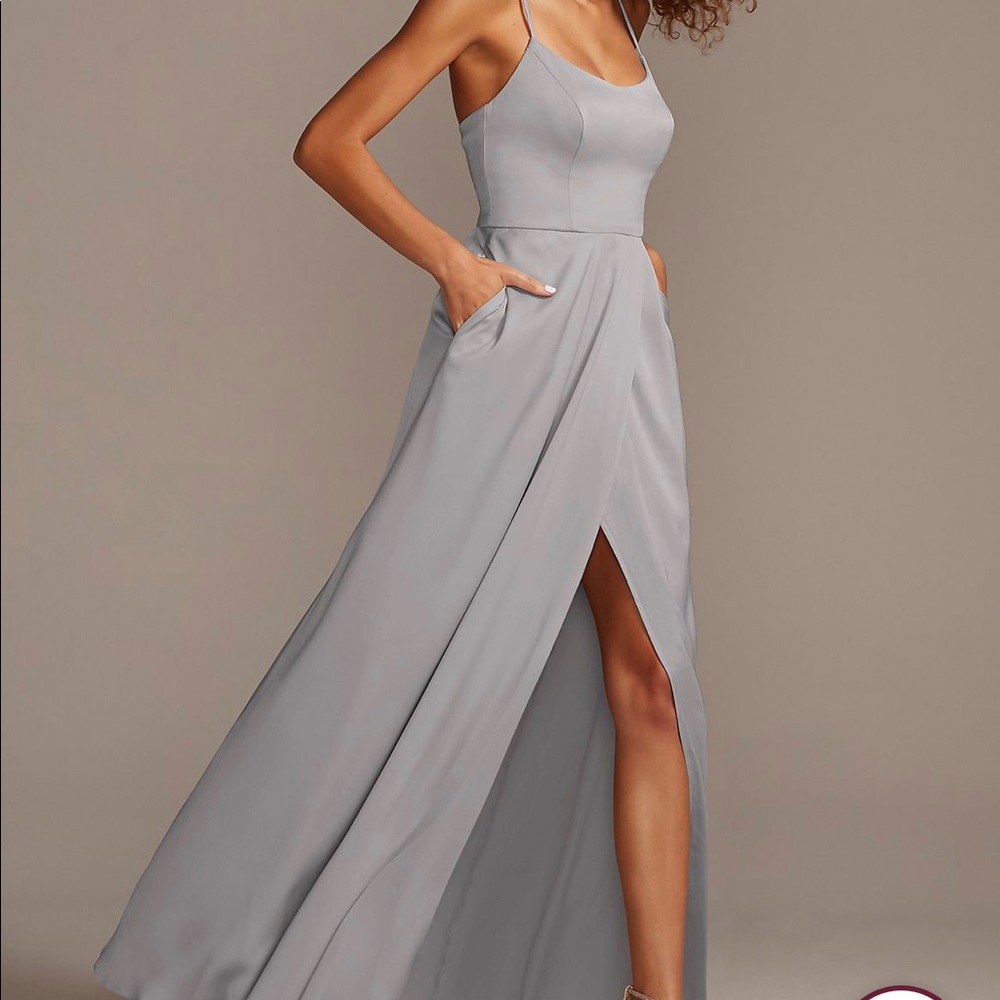 David’s Bridal Crepe-Back Satin Spaghetti Strap Bridesmaid Dress size 4 mercury